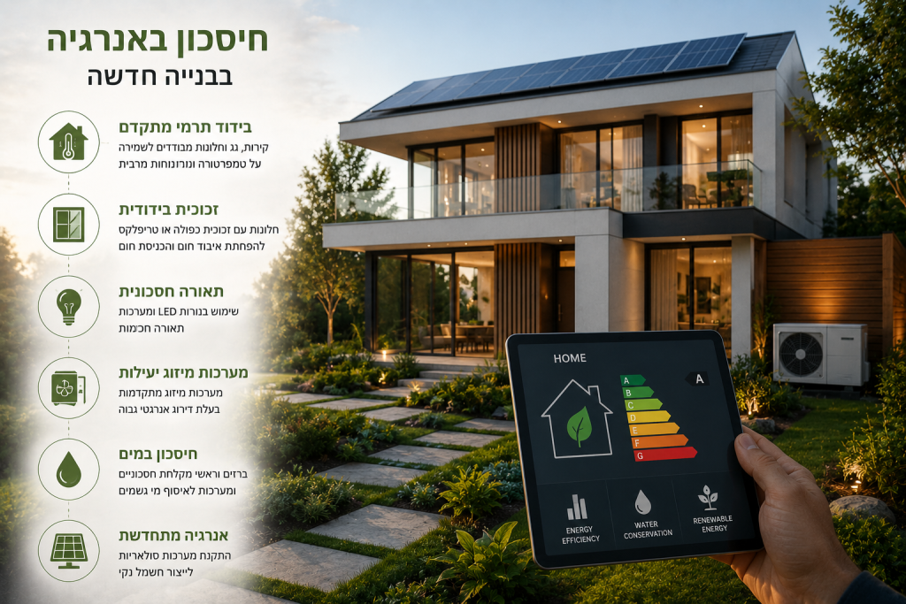 בית פרטי מודרני וחסכוני באנרגיה עם פאנלים סולאריים על הגג וחלונות גדולים